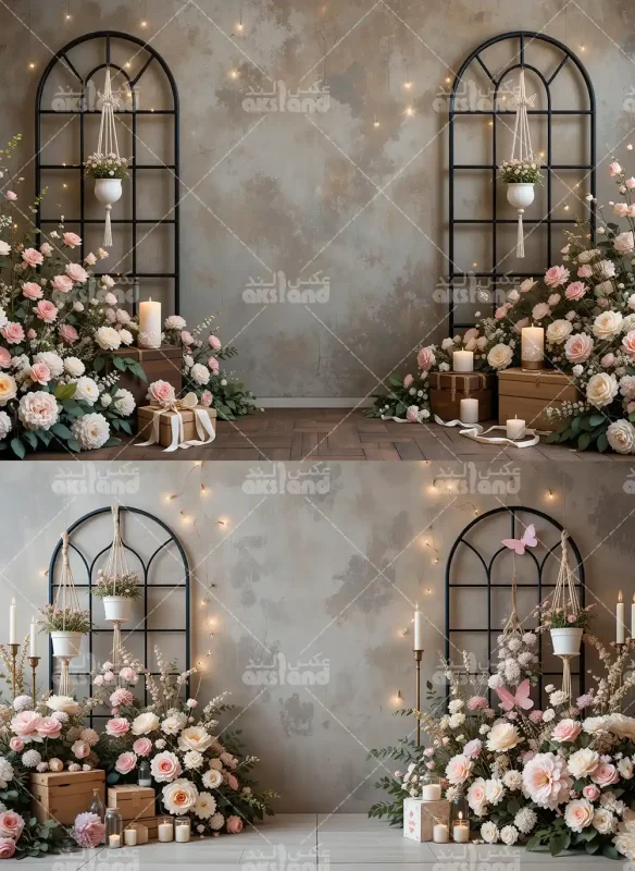 بک گراند آتلیه عروس با دکور گل آرایی رز صورتی و سفید، قاب پنجره مشبک، شمع و ریسه نور مناسب برای عکاسی عروس و داماد