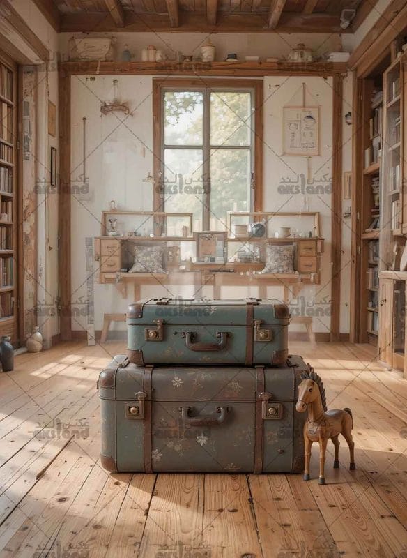 بک‌ گراند عکاسی کودک با دکور چمدان قدیمی و اسب چوبی در فضای چوبی گرم