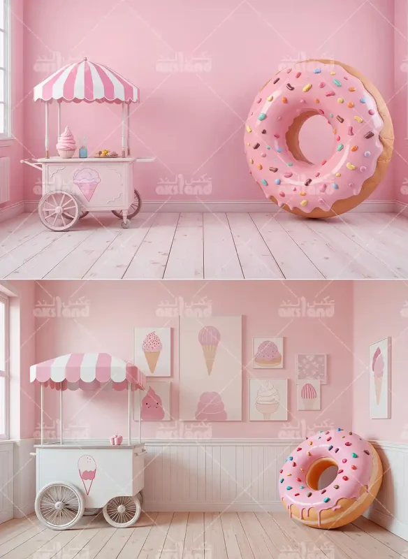 بک‌ گراند دیجیتال با طرح دونات صورتی بزرگ و چرخ بستنی فروشی با چتر راه‌راه در فضای داخلی صورتی برای عکاسی کودک