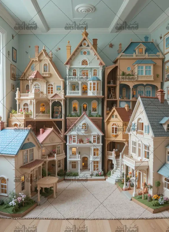 بک‌ گراند عکاسی کودک طرح خانه‌ های مینیاتوری کلاسیک با طراحی ویکتوریایی در رنگ‌های پاستلی برای آتلیه عکس کودک