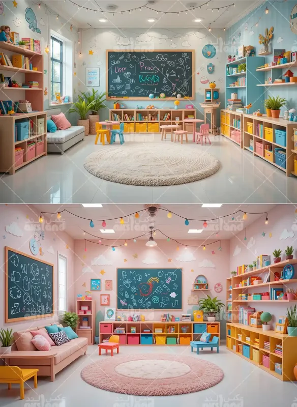 بک‌ گراند فضای آموزشی مهدکودک با دیوار رنگارنگ، تخته ‌سیاه، قفسه کتاب و مبلمان رنگارنگ برای عکاسی حرفه ‌ای کودک