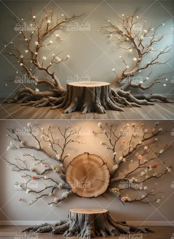بک‌ گراند آتلیه‌ ای طبیعت‌ گرا با شاخه‌ های گلدار سفید و صورتی روی دیوار و کنده طبیعی درخت مناسب برای عکاسی مینیمال کودک و بزرگسال