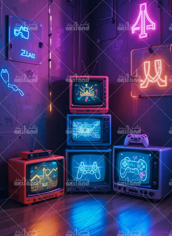 پس زمینه دیجیتال اتاق گیمینگ نئونی با تلویزیون‌های قدیمی و نورپردازی نئونی بنفش و آبی مناسب برای عکاسی کودک و نوجوان