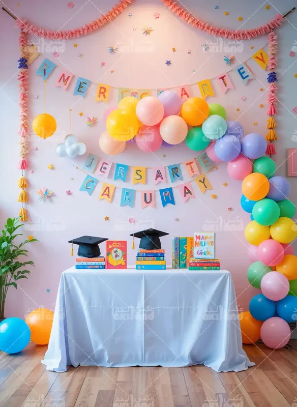 بک‌ گراند حرفه‌ ای جشن پایان سال مهدکودک با طرح بادکنک‌ های رنگارنگ، ریسه و کلاه‌ های فارغ‌ التحصیلی برای عکاسی کودک