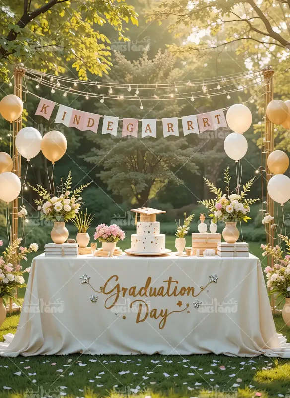 بک گراند فارغ‌ التحصیلی لاکچری با طراحی باغ گل، میز سفید تزئین شده با کیک و کتاب، تابلوی طلایی گرادوئیشن و بادکنک‌ های سفید زیر نور طلایی خورشید