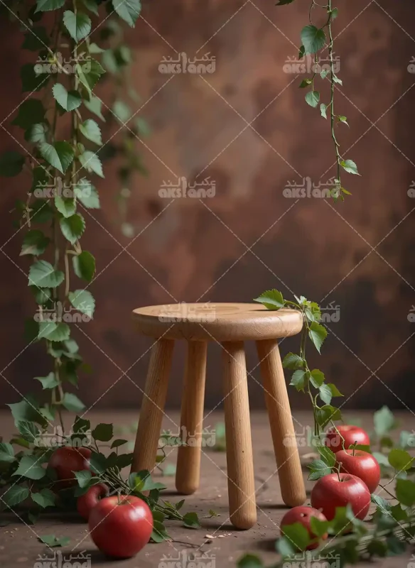 پس زمینه آتلیه کودک با طرح سیب های قرمز، برگ های سبز و چهارپایه چوبی روستیک