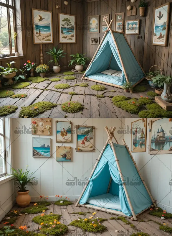 بک گراند عکاسی فضای داخلی کلبه چوبی با چادر آبی فیروزه‌ای، خزه سبز روی کف چوبی، گیاهان متنوع و تابلوهای دریایی مناسب برای عکاسی آتلیه کودک و نوزاد