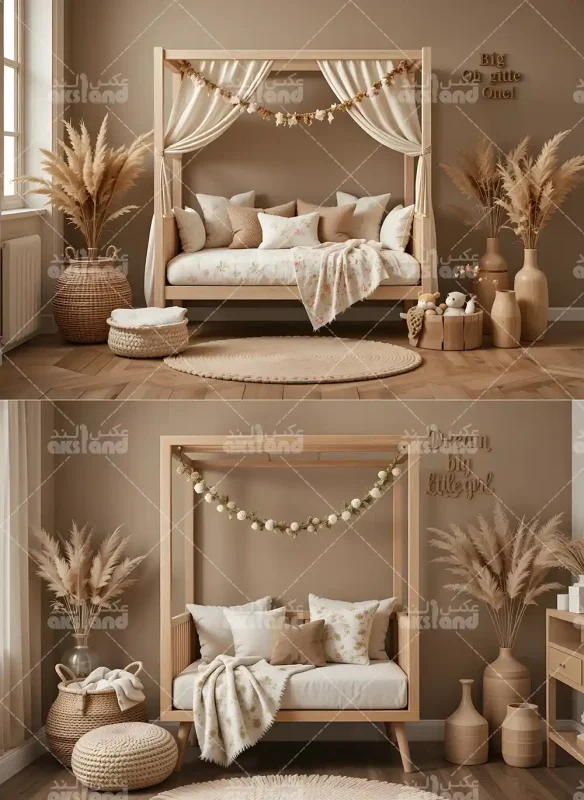 بک‌ گراند عکاسی سبک بوهو با تخت چوبی چهارچوب‌ دار، بالش‌ های صورتی و کرم، گیاه پمپاس گراس و دکور طبیعی مناسب برای عکاسی کودک، بارداری و عروس