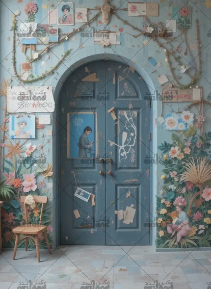 بک گراند دیواری فانتزی با طرح جنگل، درختان سرسبز و آسمان آبی مناسب برای عکاسی کودک و دکوراسیون فضاهای آموزشی