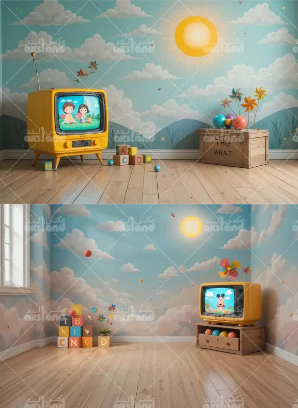 بک گراند فانتزی اتاق کودک با نقاشی دیواری آسمان، ابر و کوه، تلویزیون زرد رترو و مکعب‌های الفبا مخصوص عکاسی کودک