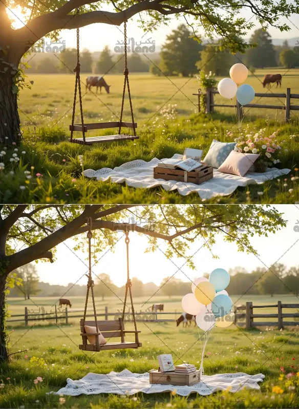 بک گراند عکاسی تولد دخترانه با طراحی مزرعه طبیعی، تاب چوبی آویزان از درخت، پتوی پیکنیک، بادکنک‌های رنگی و فضای سبز روستایی