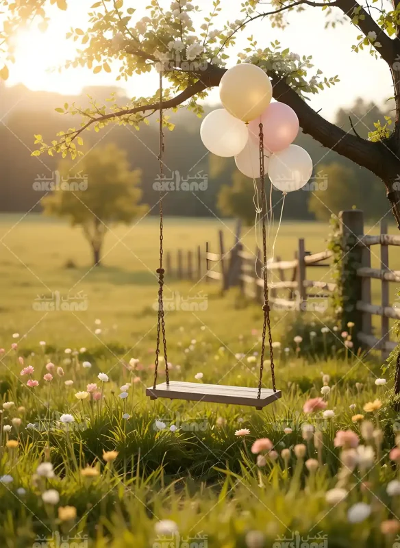 بک گراند حرفه‌ای باغ با تاب چوبی و بادکنک‌های رنگی در نور طلایی غروب، مناسب برای عکاسی کودک و جشن تولد