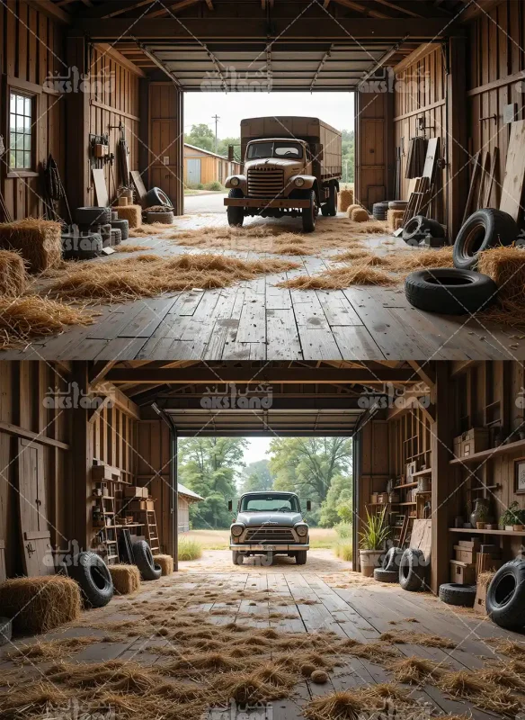 بک ‌گراند فتوشاپ انبار روستایی با کامیون کلاسیک و بافت چوب و کاه برای عکاسی آتلیه
