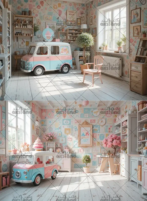 بک ‌گراند آتلیه‌ ای کودک دخترانه با تم بستنی و دکور صورتی، مجموعه ۹ عددی فایل دیجیتال با کیفیت بالا