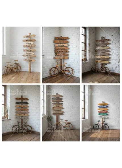 بک‌ گراند عکاسی پسرانه با تابلو راهنمای چوبی و دوچرخه مینیاتوری روی کف چوبی و دیوار آجری سفید، مناسب برای عکاسی کودک و پسرانه با تم ماجراجویی