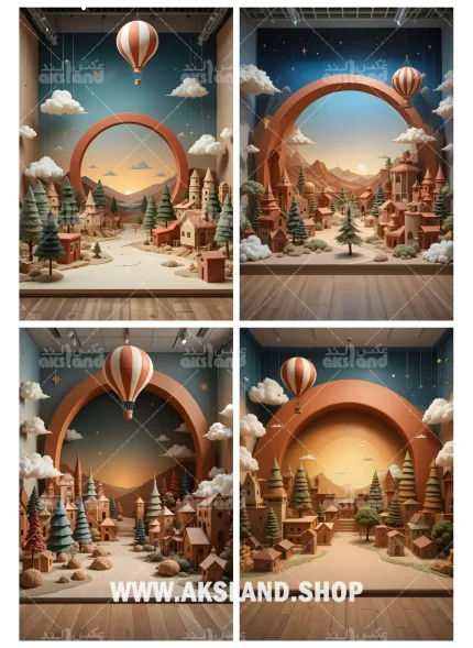 بک گراند سه بعدی آتلیه کودک با طرح دهکده رویایی، بالن هوایی و غروب خورشید برای عکاسی حرفه‌ای
