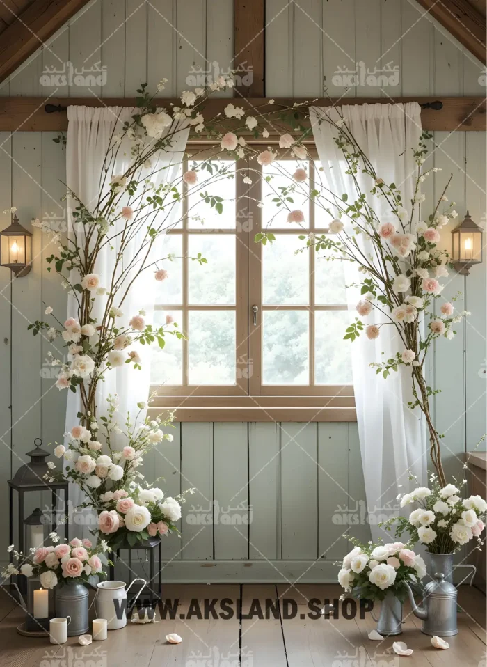 بکدراپ حرفه‌ای عکاسی با طراحی گل رز سفید و صورتی اطراف پنجره چوبی روستیک، مناسب برای عکاسی عروس، بارداری و نامزدی