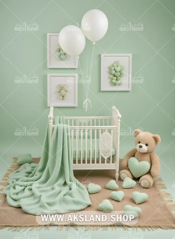 بک‌ گراند عکاسی نوزاد با دکوراسیون سبز پاستلی، تخت سفید، خرس عروسکی و بالون‌ های تزئینی