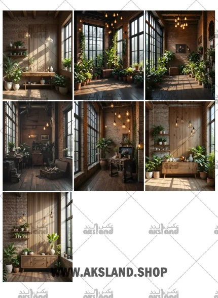 بک گراند دیجیتال فضای داخلی با دیوار آجری، عناصر چوبی، گیاهان سبز و نورپردازی گرم مناسب برای عکاسی بزرگسال و مدلینگ
