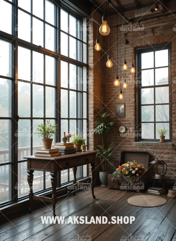 بک ‌گراند دیجیتال فضای داخلی با دیوار آجری، عناصر چوبی، گیاهان سبز و نورپردازی گرم مناسب برای عکاسی بزرگسال و مدلینگ