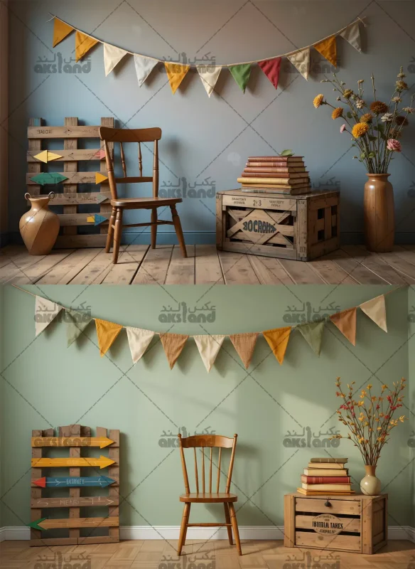 بک‌ گراند عکاسی با دکور روستیک، صندلی چوبی، کتاب‌ های قدیمی، پرچم‌ های رنگی و گلدان تزئینی برای آتلیه عکس کودک و خانوادگی
