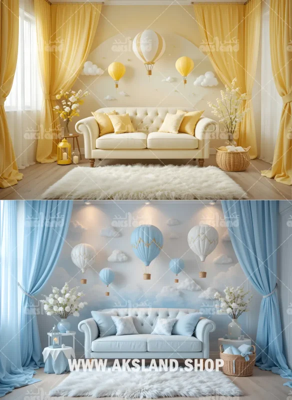 مجموعه بک‌ گراند دیجیتال با طراحی داخلی مدرن در چهار رنگ پاستلی برای عکاسی آتلیه‌ای کودک و خانوادگی