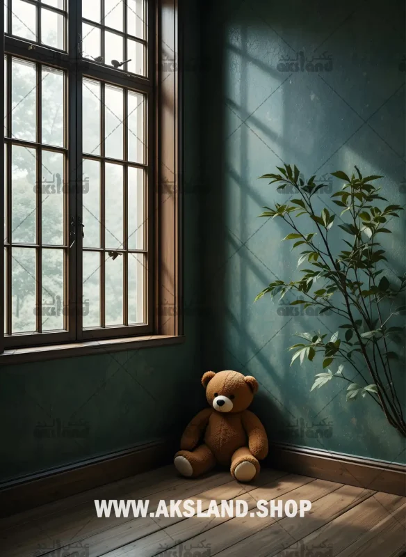 بک گراند عکاسی حرفه‌ ای اتاق چوبی با دیوار سبز تیره، پنجره‌های قدی نورگیر و عروسک خرسی قهوه‌ای مناسب برای آتلیه کودک و نوزاد