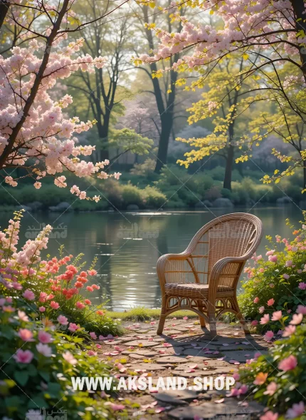بک گراند حرفه ای باغ بهاری با شکوفه های گیلاس و دریاچه برای عکاسی آتلیه کودک و بزرگسال