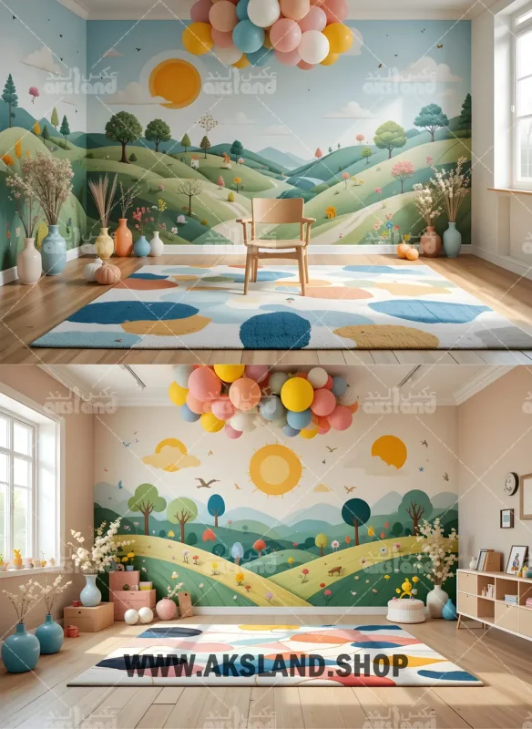 بک گراند دیجیتال طبیعت فانتزی با تپه‌های سبز و آسمان آبی برای عکاسی کودک و نوزاد در آتلیه