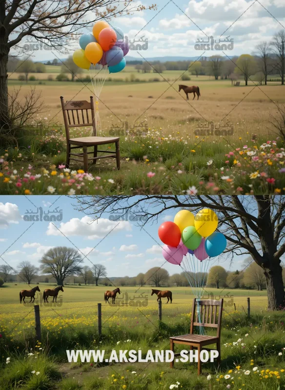 بک گراند عکاسی کودک با طرح صندلی چوبی و بادکنک‌ های رنگارنگ در مزرعه سرسبز با اسب‌ ها در پس‌ زمینه