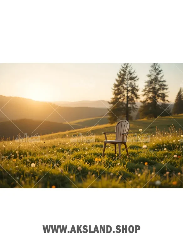 بک گراند منظره طبیعی دشت گل‌های وحشی در غروب آفتاب با صندلی چوبی برای عکاسی کودک و آتلیه با دانلود رایگان
