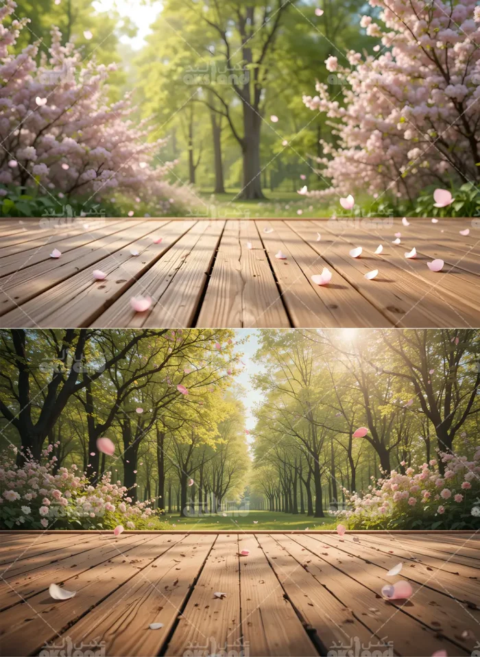 بک گراند حرفه‌ ای شکوفه‌ های گیلاس صورتی بهاری با دِک چوبی مناسب برای عکاسی کودک و خانوادگی در آتلیه