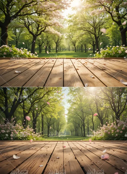 بک گراند حرفه ای شکوفه های گیلاس صورتی بهاری با دِک چوبی مناسب برای عکاسی کودک و خانوادگی در آتلیه