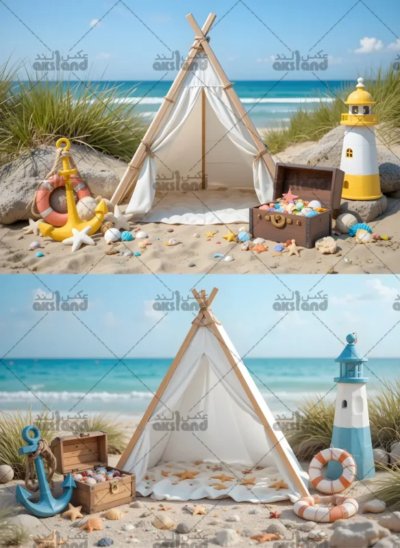 پس‌ زمینه عکاسی کودک با طرح چادر سفید کنار ساحل آبی، فانوس دریایی، لنگر و صدف‌های دریایی برای آتلیه‌ های حرفه‌ ای
