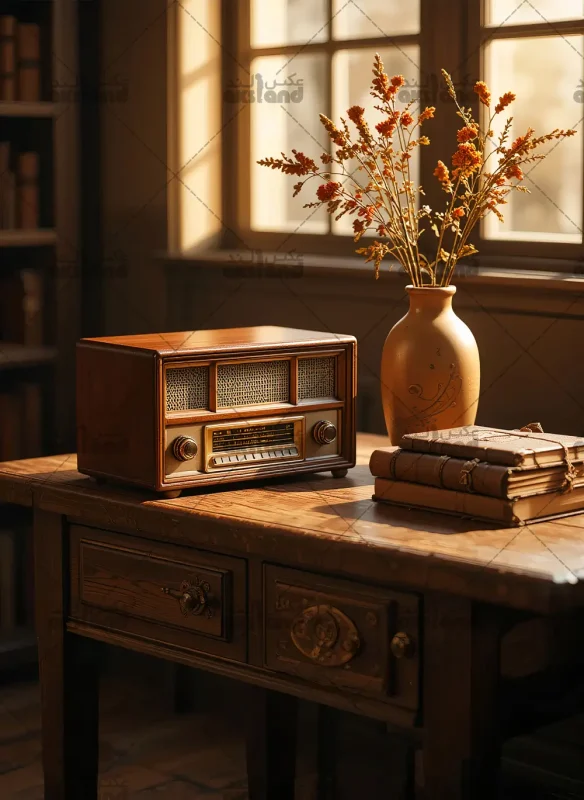 بک ‌گراند عکاسی اتاق مطالعه وینتیج با رادیو قدیمی، کتاب و گلدان سفالی در نور طلایی پنجره برای استفاده در فتوشاپ