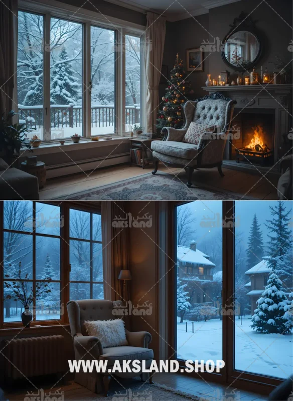 بک‌ گراند عکاسی زمستانی با فضای داخلی گرم شامل شومینه روشن، درخت کریسمس و پنجره‌ای با منظره برفی مناسب برای عکاسی آتلیه‌ ای کودک و بزرگسال