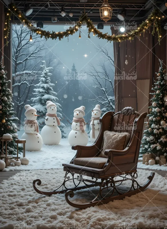 بک‌ گراند زمستانی آدم‌ برفی و سورتمه چوبی در فضای برفی با نورپردازی گرم مناسب عکاسی کودک و خانواده