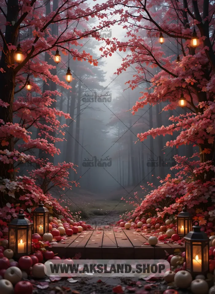 بک گراند پاییزی حرفه‌ای برای عکاسی عروس و کودک با فضای جنگلی، برگ‌های قرمز و صورتی، فانوس‌های روشن و مسیر چوبی