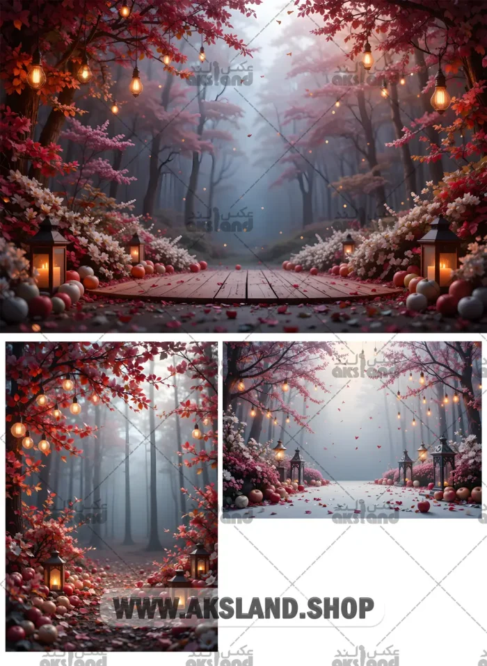 بک گراند پاییزی حرفه‌ای برای عکاسی عروس و کودک با فضای جنگلی، برگ‌ های قرمز و صورتی، فانوس‌های روشن و مسیر چوبی