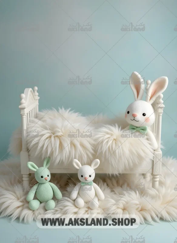 بک گراند دیجیتال عکاسی نوزاد با تم تخت خرگوشی سفید و آبی پاستلی مناسب برای آتلیه های حرفه ای