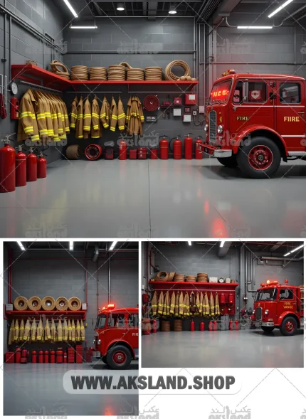 بک‌ گراند حرفه‌ای ایستگاه آتش‌نشانی با ماشین قرمز، تجهیزات و لباس‌های آتش‌نشانی برای عکاسی کودک و آتلیه