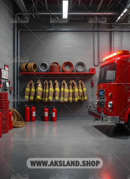 بک‌ گراند حرفه‌ای ایستگاه آتش‌نشانی با ماشین قرمز، تجهیزات و لباس‌های آتش‌نشانی برای عکاسی کودک و آتلیه