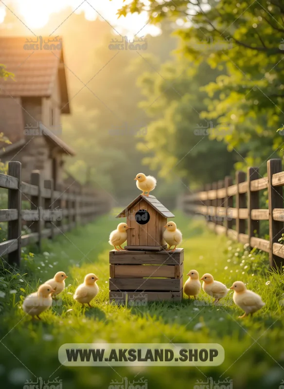 بک گراند حرفه‌ ای آتلیه با طرح جوجه‌ های زرد در فضای سبز روستایی با نورپردازی طبیعی غروب