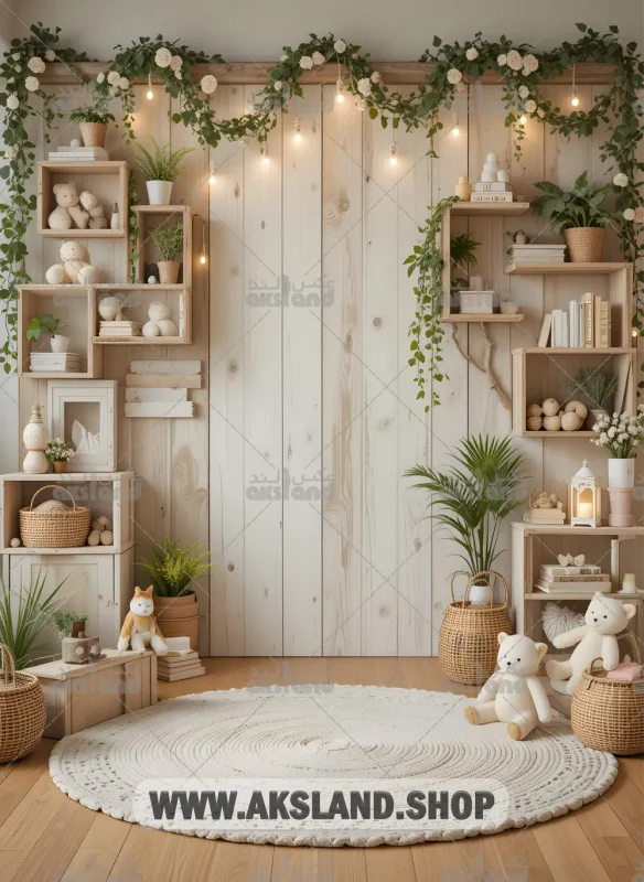 بک‌ گراند دیجیتال عکاسی با طراحی چوبی روشن، قفسه‌های تزئینی، گل‌های سفید و گیاهان سبز مناسب برای عکاسی کودک و نوزاد
