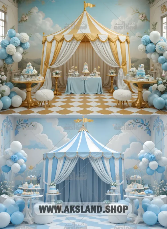 مجموعه کامل بک گراند فانتزی چادر سیرک برای عکاسی کودک با رنگ‌های متنوع آبی، صورتی، سبز، طلایی و قرمز همراه با بادکنک‌های رنگی و میز دسر