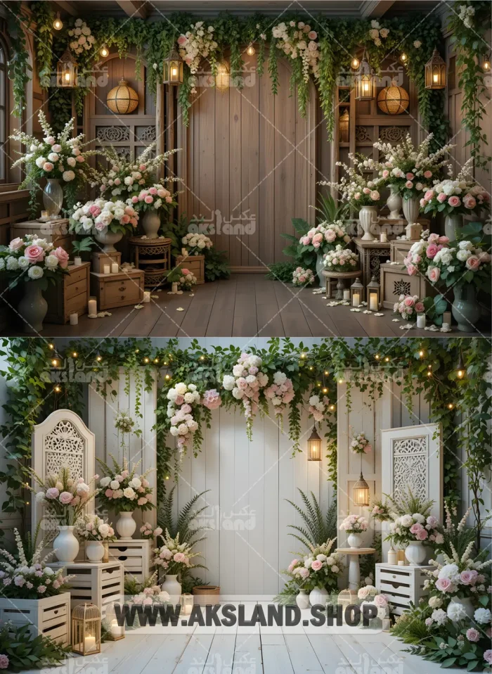 بک‌ گراند لوکس عکاسی با گل‌ های صورتی و سفید مناسب برای عروس و کودک