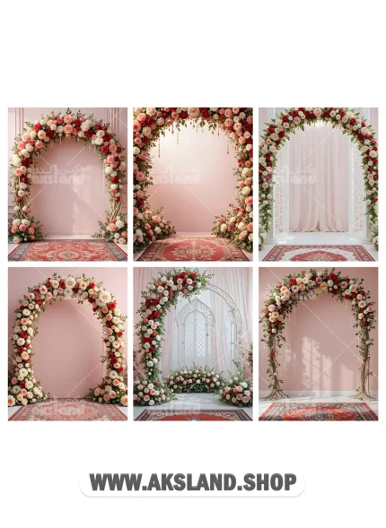 بک گراند حرفه ‌ای جشن تکلیف با طرح طاق گل رز صورتی و سفید روی پرده صورتی ملایم با فرش سنتی قرمز مناسب آتلیه عکاسی کودک