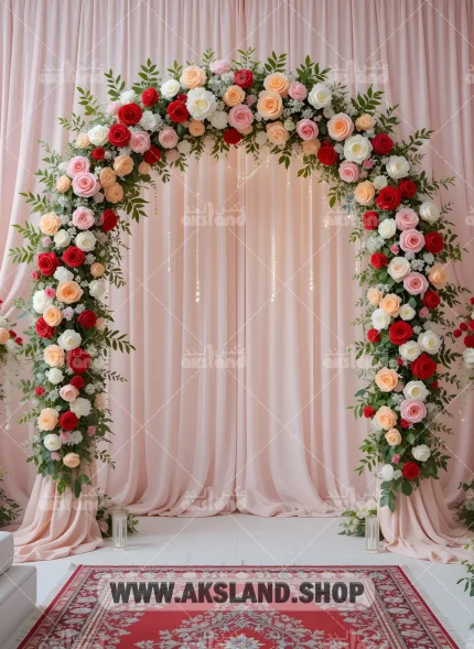 بک گراند حرفه ‌ای جشن تکلیف با طرح طاق گل رز صورتی و سفید روی پرده صورتی ملایم با فرش سنتی قرمز مناسب آتلیه عکاسی کودک