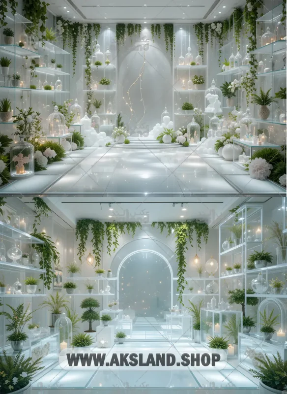 بک‌ گراند دیجیتال عروس با طراحی گلخانه سفید، گیاهان سبز آویز و نورپردازی ویژه مناسب برای عکاسی آتلیه