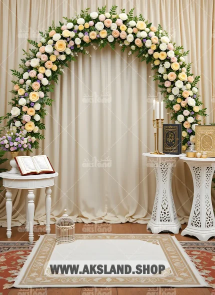 فون عکاسی حرفه‌ ای جشن تکلیف با طاق گل رز سفید و صورتی، قرآن و عناصر مذهبی روی پرده حریر کرم رنگ